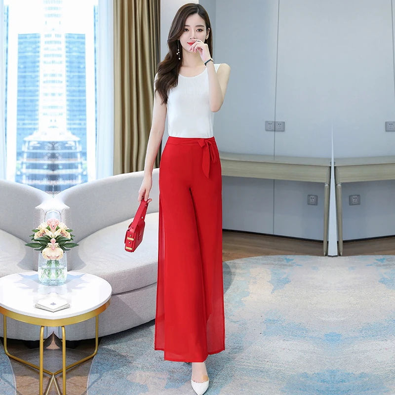 Women\'S Summer Double Layered Thin Material Breathable High Waist Loose Casual Chiffon Wide Leg Pants Mom Dance Split Trousers