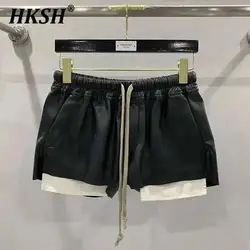 HKSH Women's Tide RO Style PU Leather Shorts Streetwear Fashion Pocket Comfortable New Versatile Dark Chic Y2K Punk Capris H2512