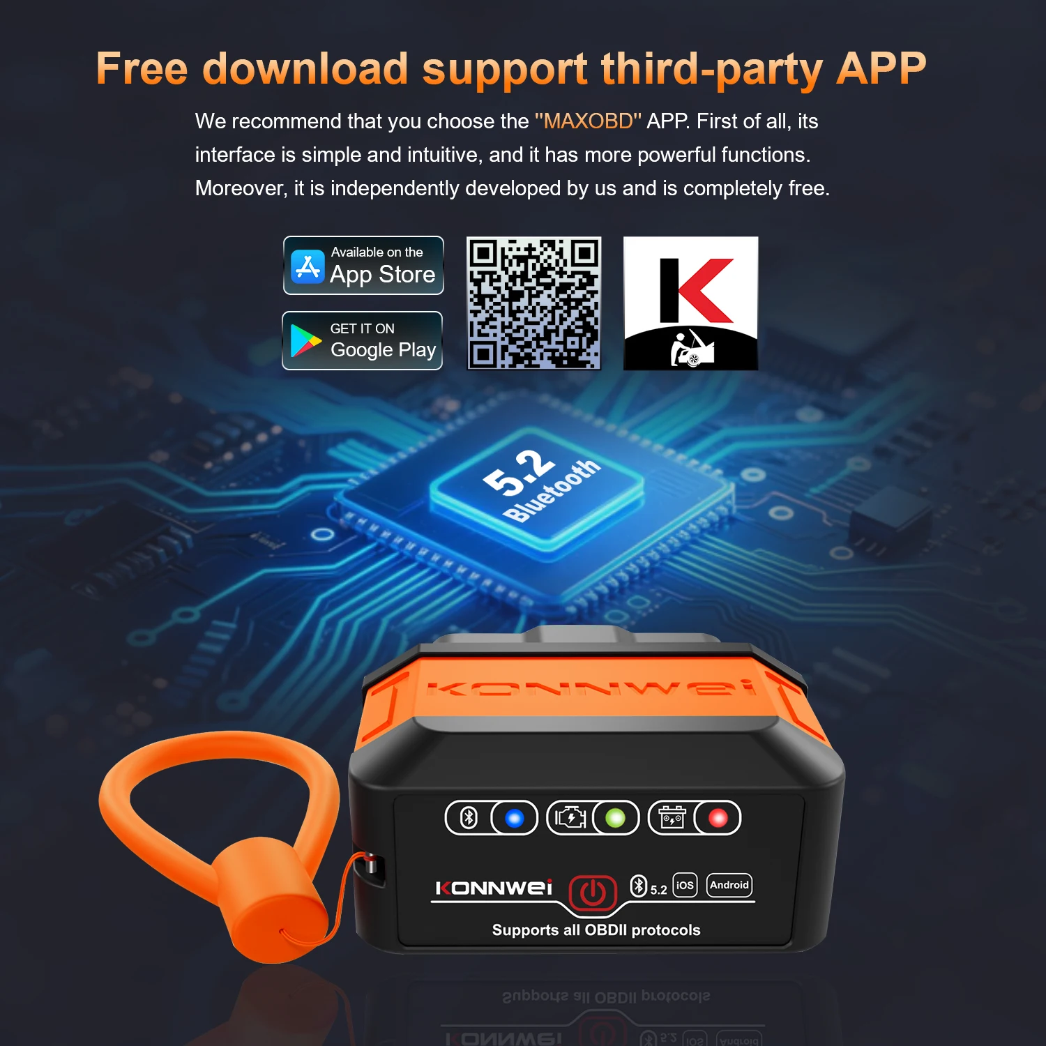 KONNWEI KW906 Bluetooth5.0 - 5.2 OBD2 Scanners ELM327 V1.5 OBDII Fault Diagnostic Tool for Android/IOS Code Reader