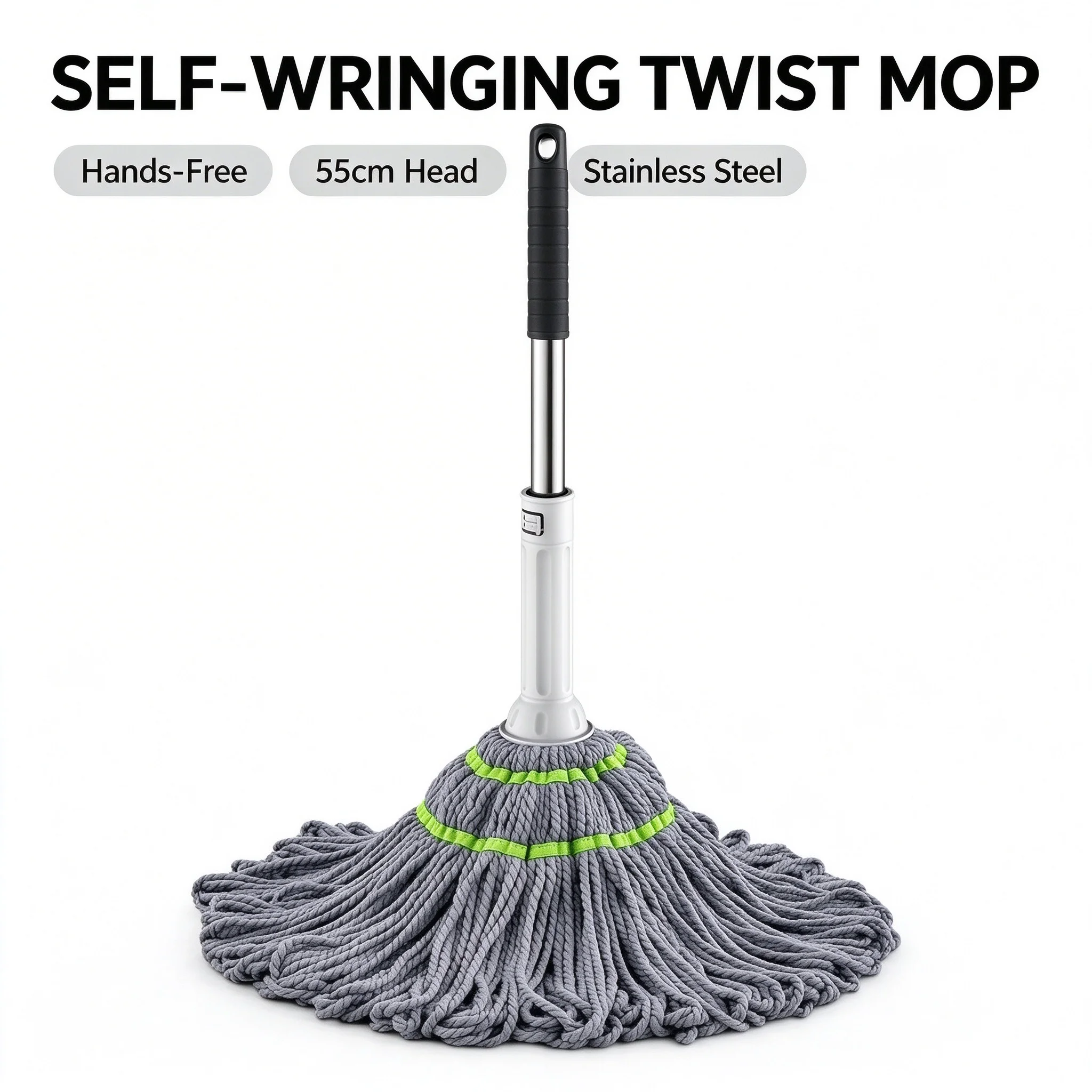 Self-Wringing Twist Mop, Hands-Free Cotton Floor Mop with Stainless Steel Handle, 55cm Large Mop Head