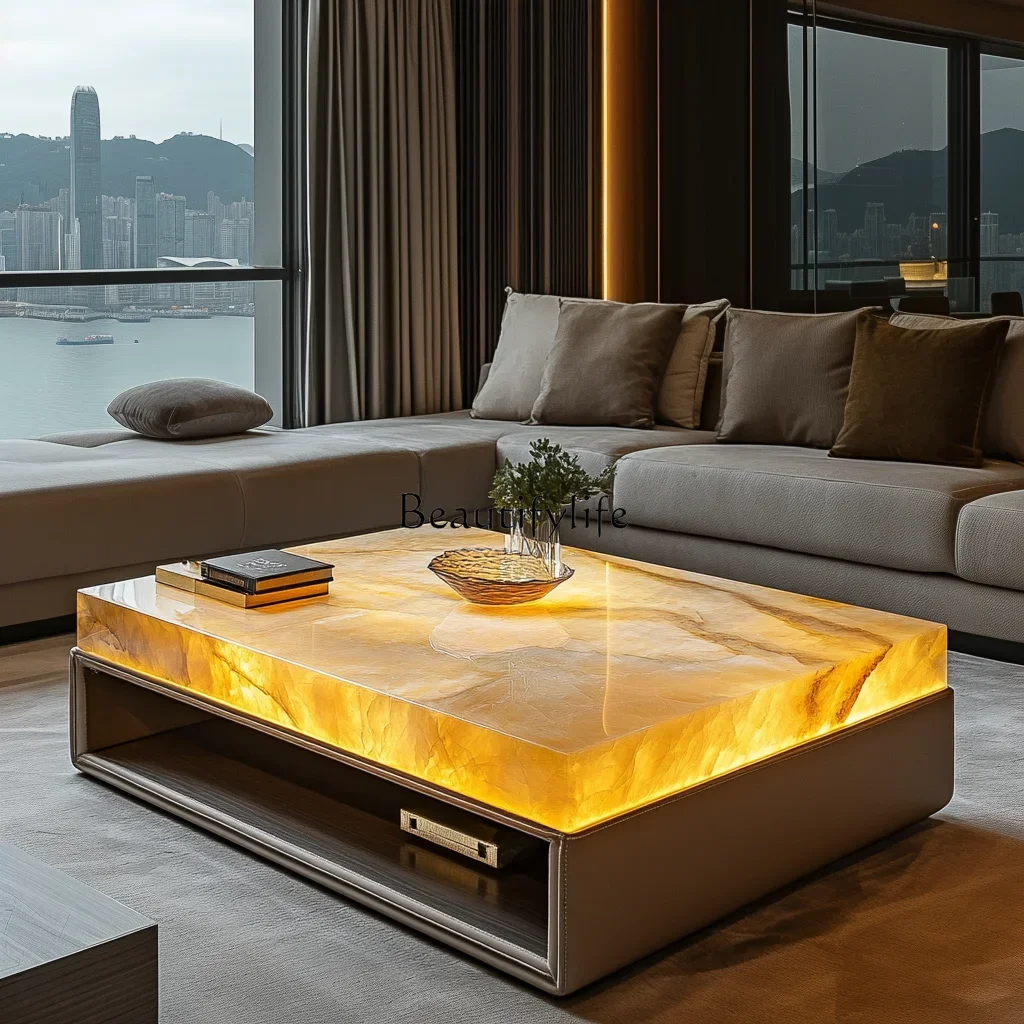 

FG17luminous jade luxury stone coffee table living room custom square modern design large flat floor luxury stone light luxury v