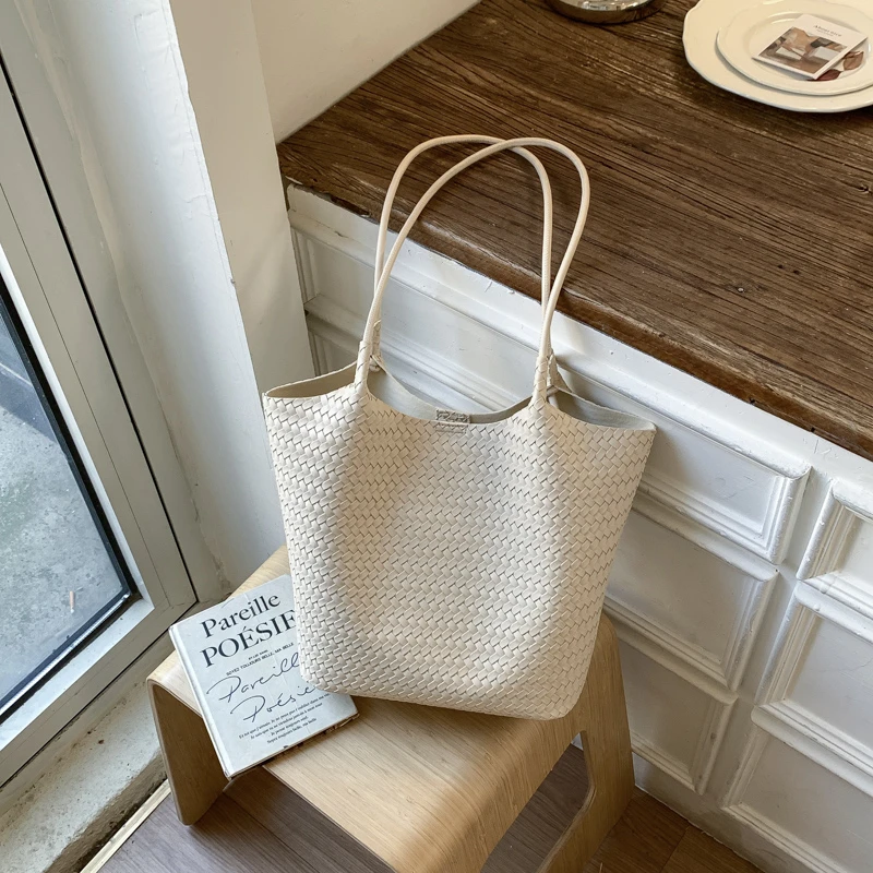 

Retro Minimalist Women Shoulder Bag Solid PU Woven Texture Handbag Large Capacity Multi Function Tote Bag for Commute