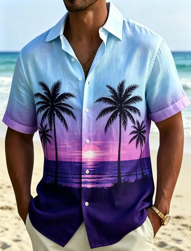 

Men's Gradient Symmetrical Coconut Tree Print Hawaiian shirt, Casual Short Sleeved shirt, For Holiday Travel And Daily Wear