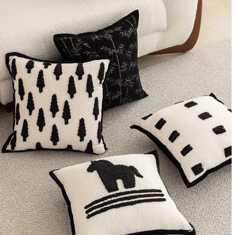 

Black and White Tufted Cushion Cover Home Geometric Embroidered Pillow Case Chenille Luxury Pillow Covers Decorative for Sofa