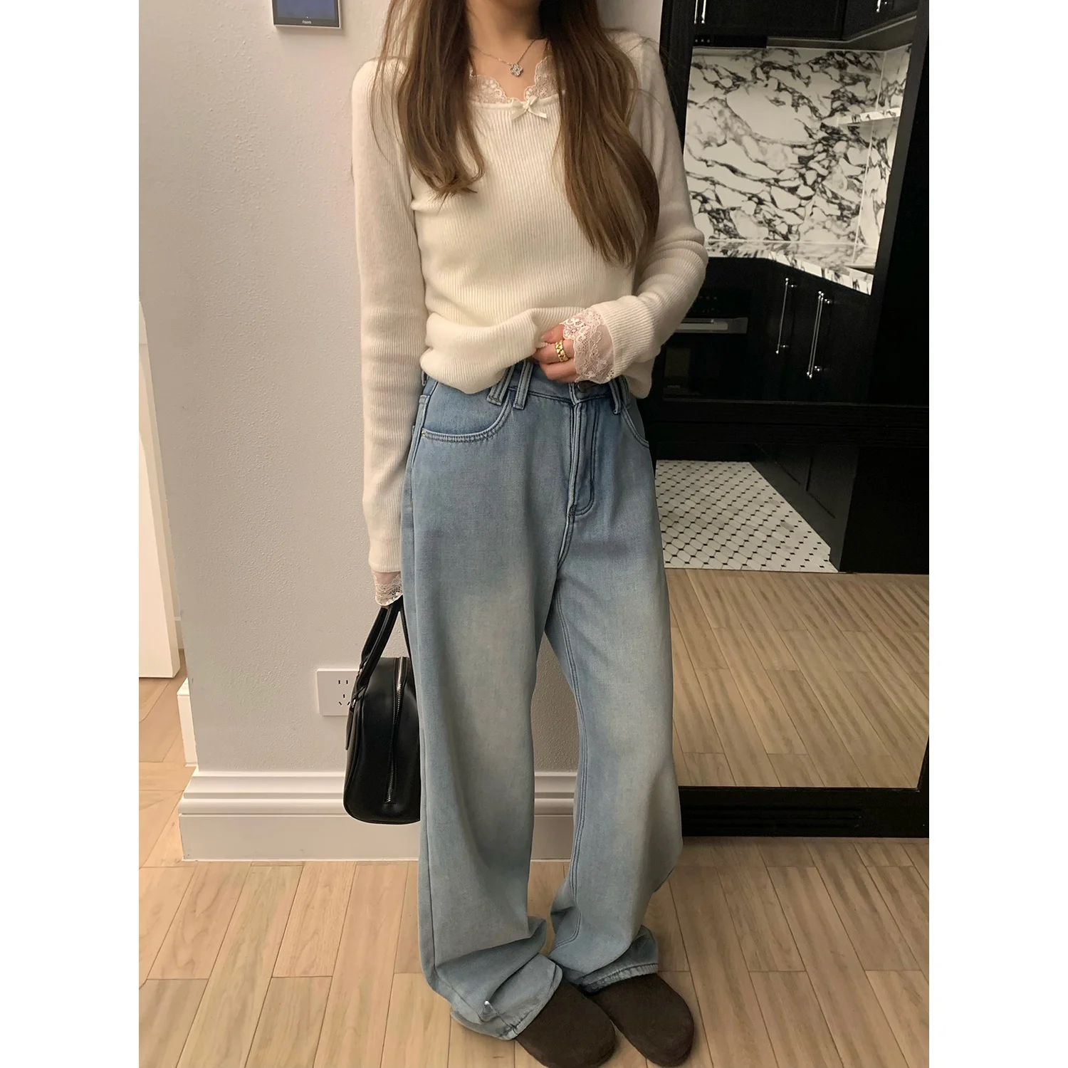 

Синие свободные прямые джинсы на подкладке Fce, женские повседневные длинные брюки Thiened, осень-зима, удобные джинсовые брюки Y Studio...