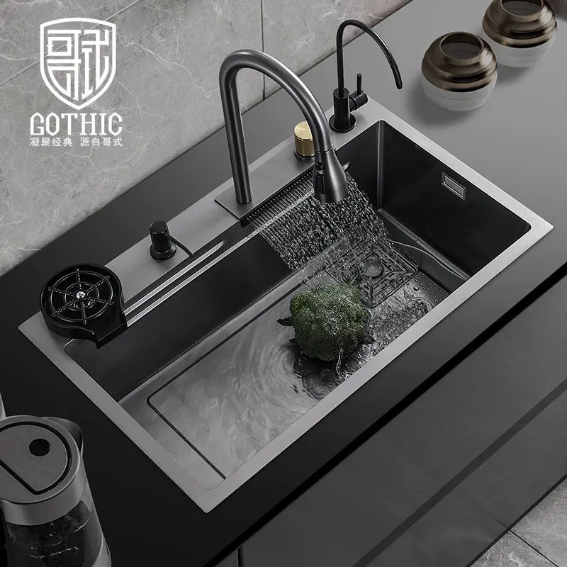 Kitchen Gun Gray Nano Sink Flying Rain Waterfall Faucet 304 Stainless Steel Sink Vegetable Basin Outlet Large Single Sink Set