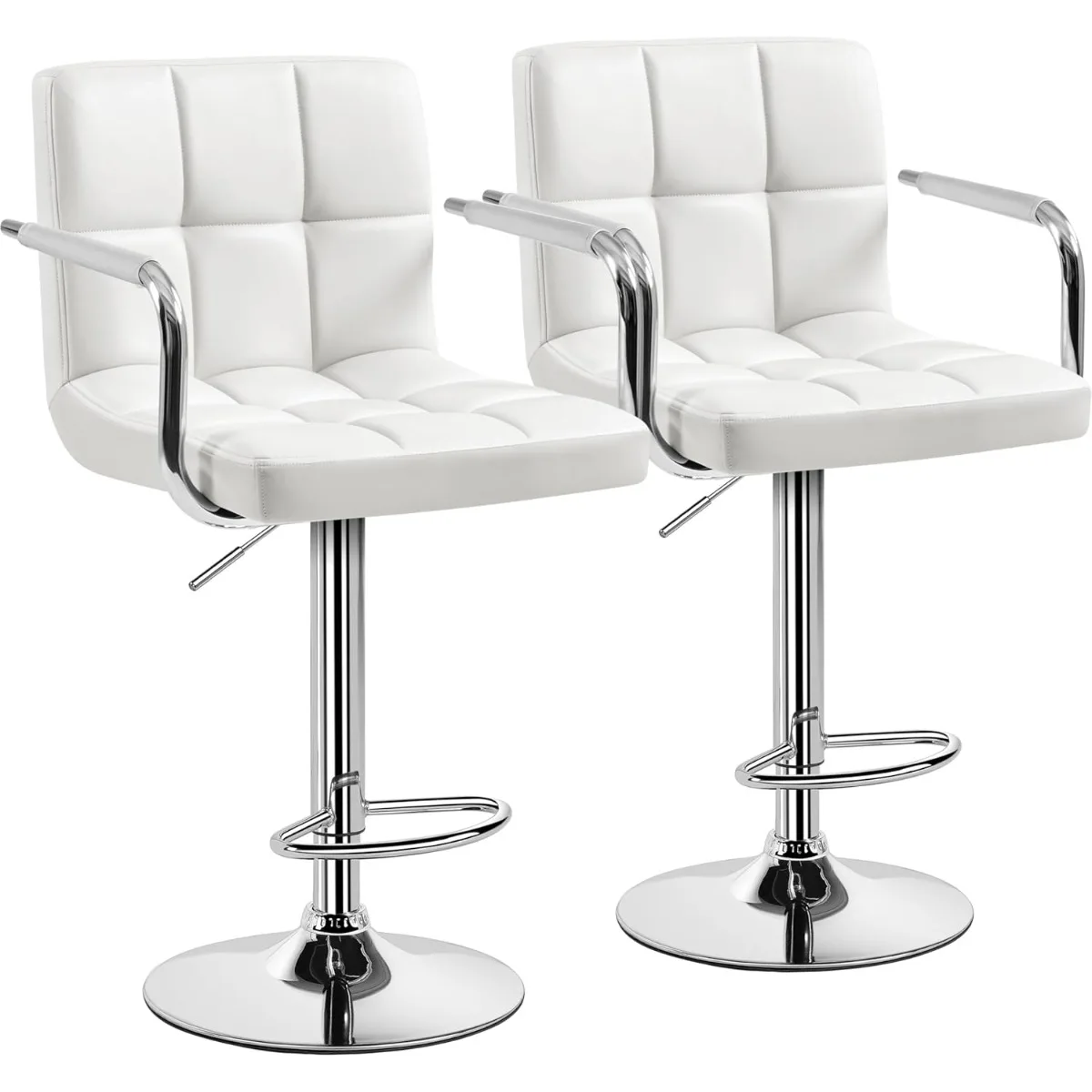 Verstellbare drehbare Barhocker, 2er-Set, hydraulische Thekenhöhe mit Armlehne und Rückenlehne, PU-Leder für Küche und Bar, weiß