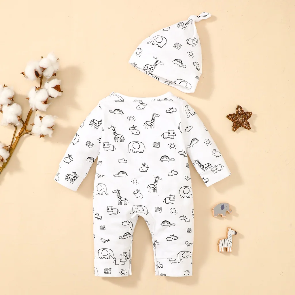 Baby Boy 0-6 Months Newborn Baby Romper+Hat White Long Sleeves Lovely Elephant Bodysuit Fashion Infant Autumn Casual Jumpsuit