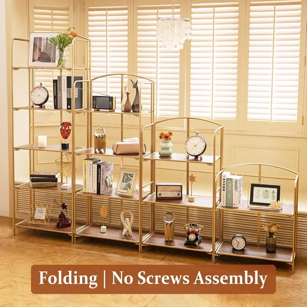 No Assembly Folding Bookshelf, 5 Tier Gold Bookshelf, Metal Book Shelf for Storage, Folding Bookcase for Office Organization