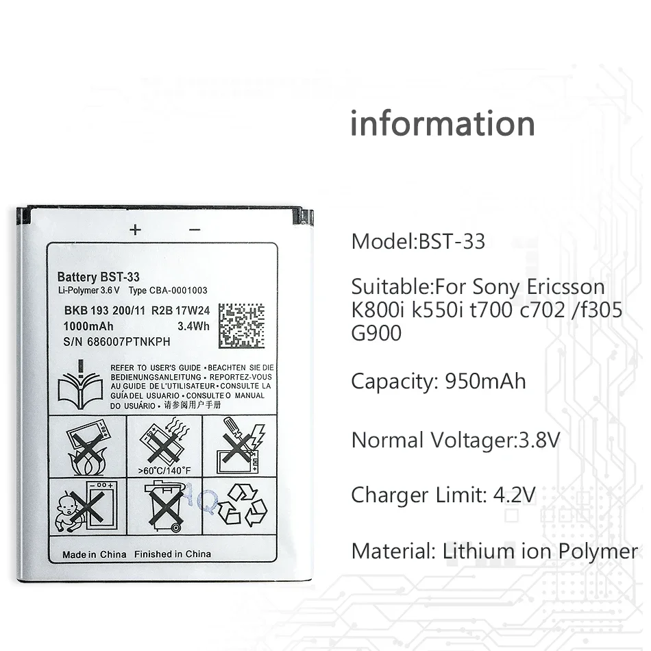 BST-33 Batteries for Sony Ericsson K800i K810i C702 C903 F305 G900 K550i K630i K660i W100I T700 T715 950mAh Cell Phone Battery