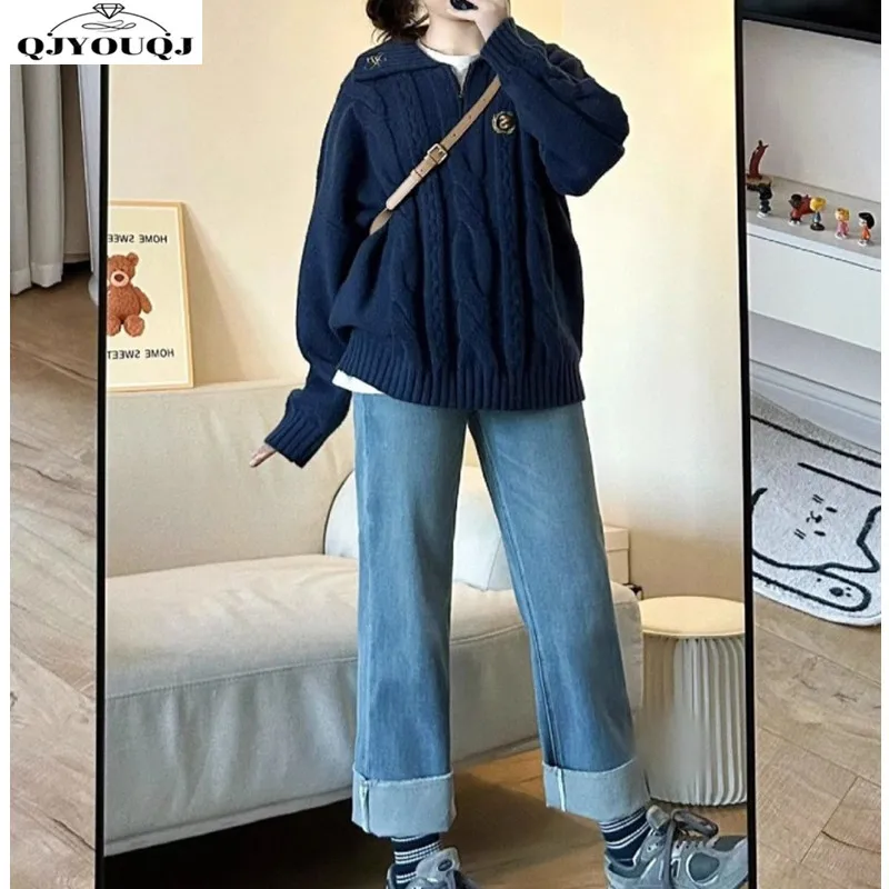 Autumn and Winter Korean Fashion Soft Sticky College Style Knitted Sweater Jeans Two Piece Set for Women