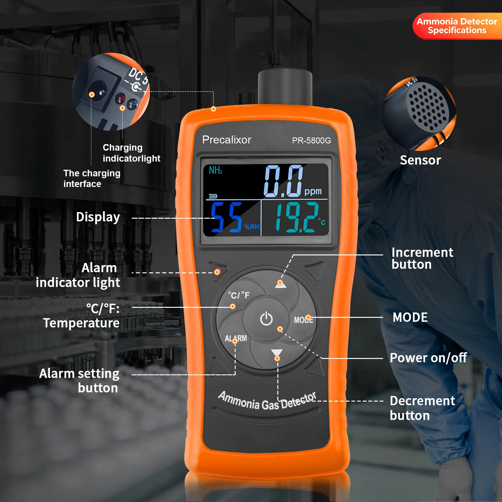 Ammonia Gas Detector NH3 Monitor 0-100ppm Electrochemical Sensor with Dual Alarm Temp Humidity LCD for Farm Chemical Industrial