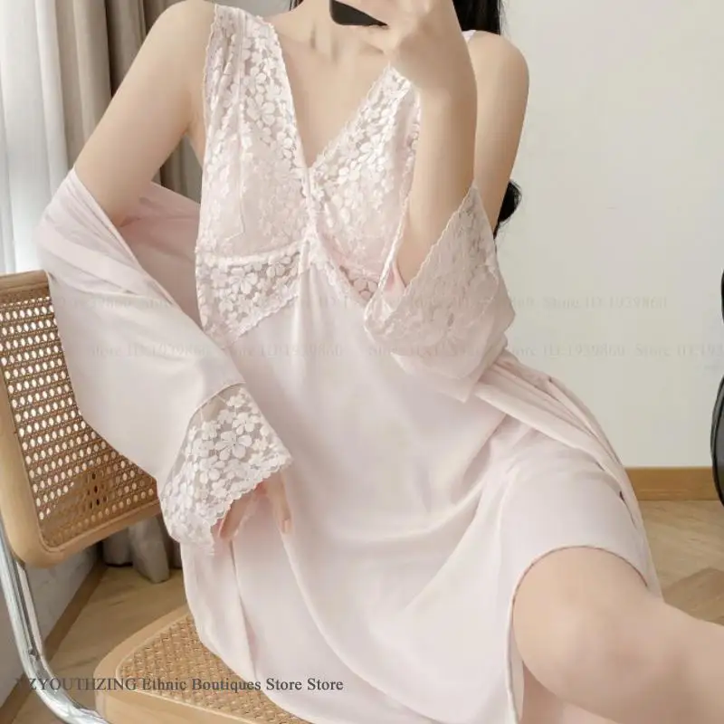 

Sexy Patchwork Lace Nighty&Robe Set Home Dress Deep V-Neck Sleeveless Lingerie Nightgown Loose Casual Rayon Sleepwear Loungewear