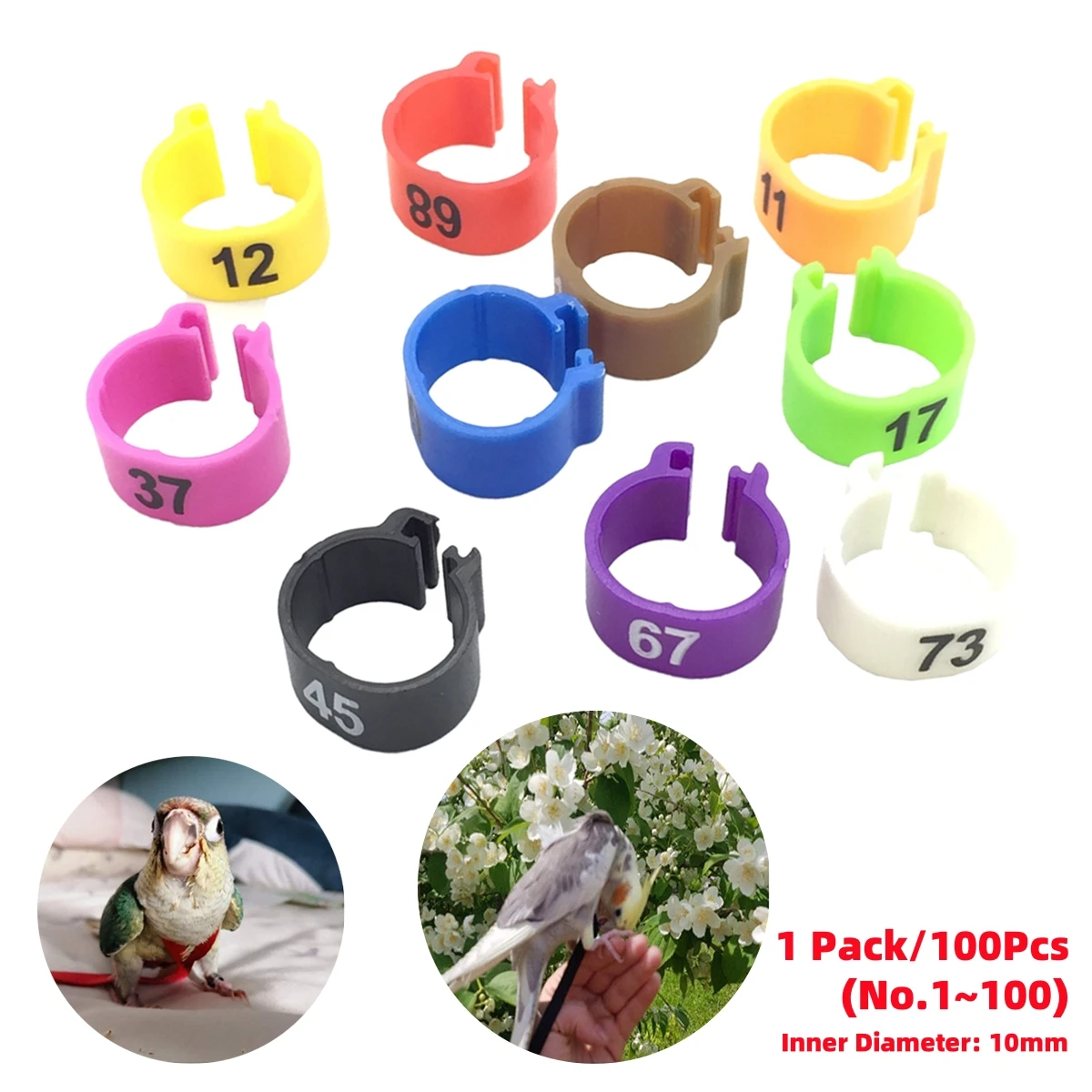 1Pack/100Pcs Digital Plastic Birds Clip Foot Rings Inner Diameter 10mm Parrot Pigeon Identification Leg Rings No.1~100 10 Colors