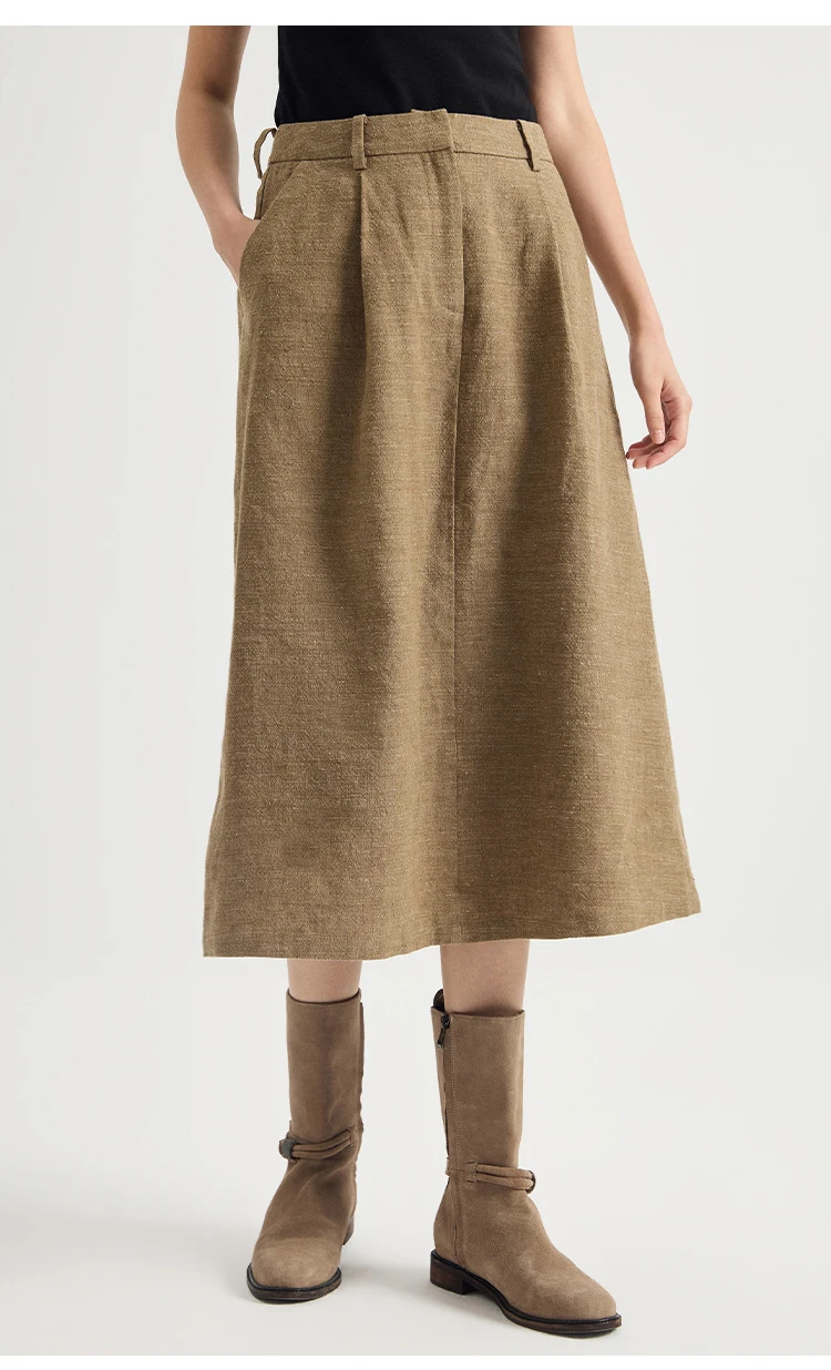 KT7623902 Damen-Midirock aus Leinen-Wollmischung, A-Linie, hohe Taille, vordere Falte, Gürtelschlaufen, leiser Luxus, Frühherbst – Detail 3