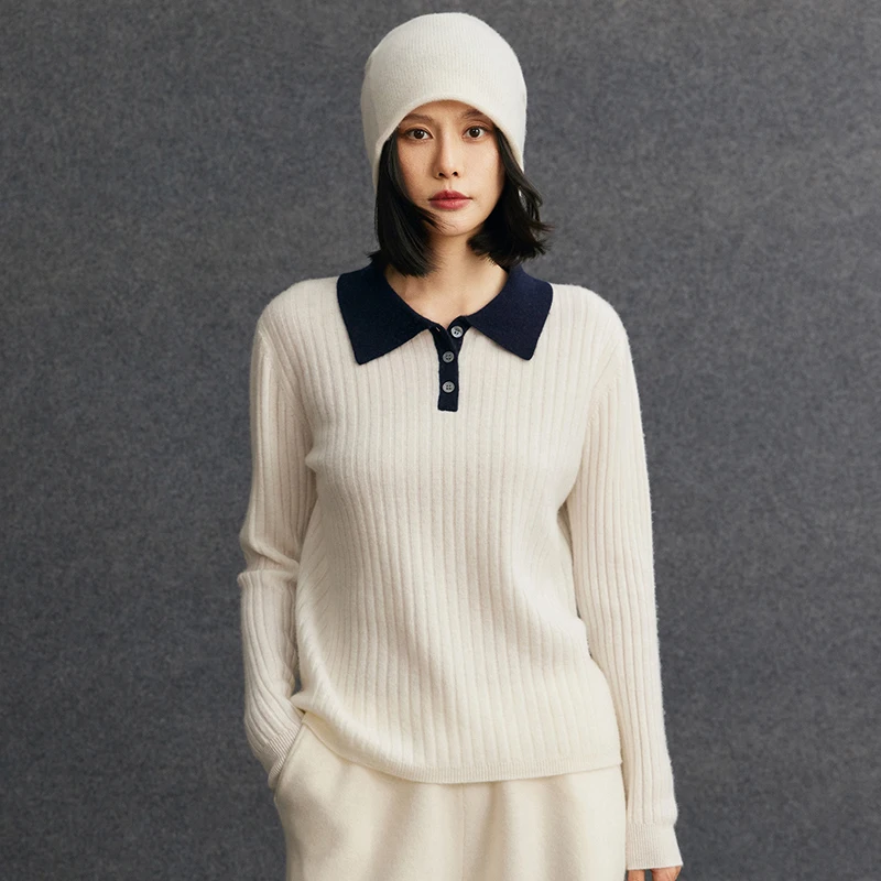 

Autumn Winter Women Cashmere Pullover Sweater Preppy Style Turn Down Collar Knitwear High Quality 100% Cashmere Knitted Shirt