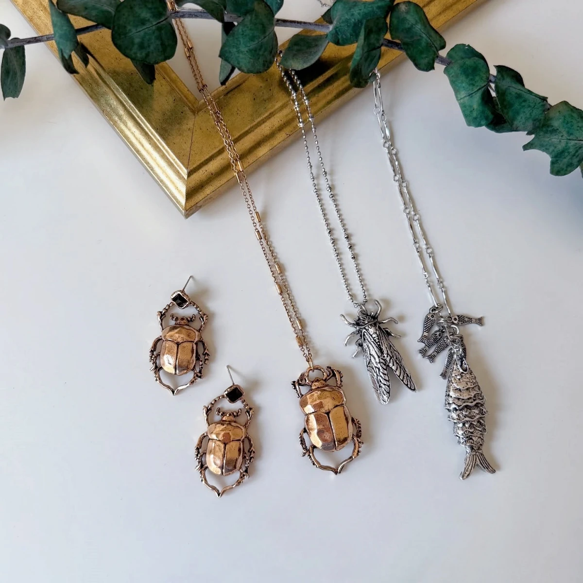 

ZAA Exquisite Multilayer Beetle Charm Necklace Earrings Set For Women Vintage Design Insect Jewelry Set Suitable For Party