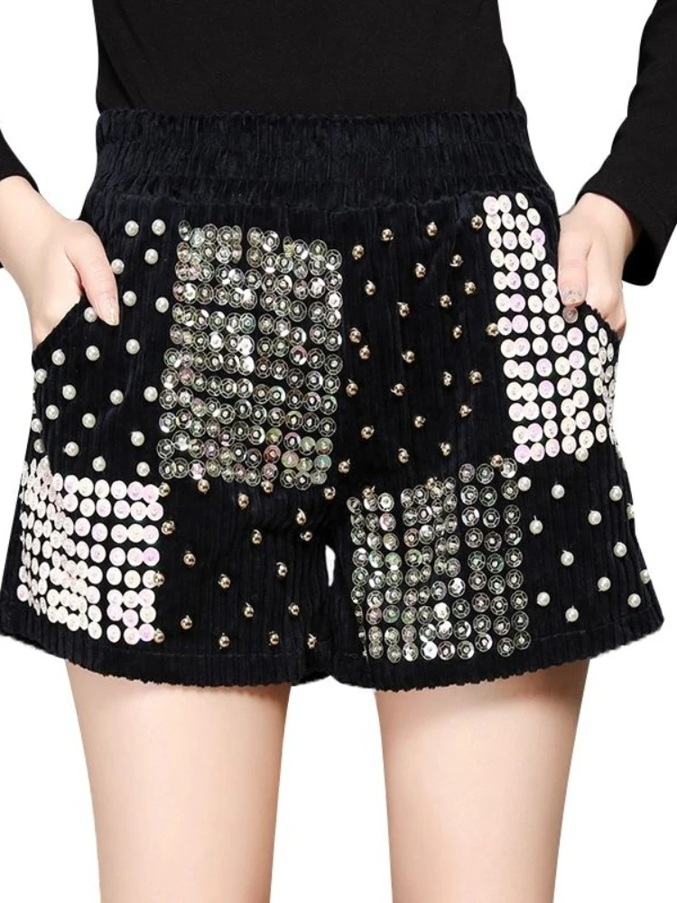 

American retro spicy girl gothic punk sequin elastic waist corduroy shorts for autumn and winter casual versatile women's shorts