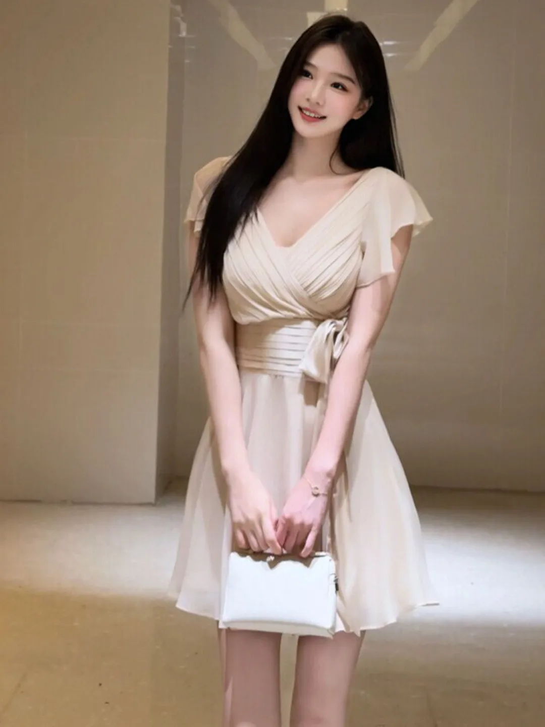 

Slimming V-Neck Waist-Cinching Dress Princess Style Cotton Summer Dress Knot High Waist Short Sleeve Casual Dress