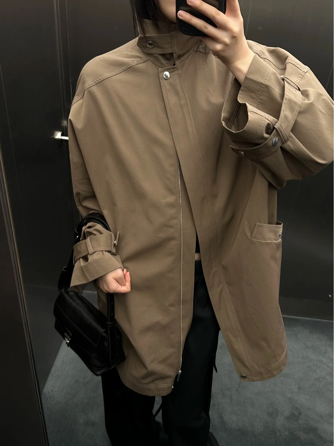 

Nordic TO2025 Autumn Winter Loose Shape Medium Length Coat Simple Style Women's Long Sleeve Zipper Pure Color Cotton Polyester