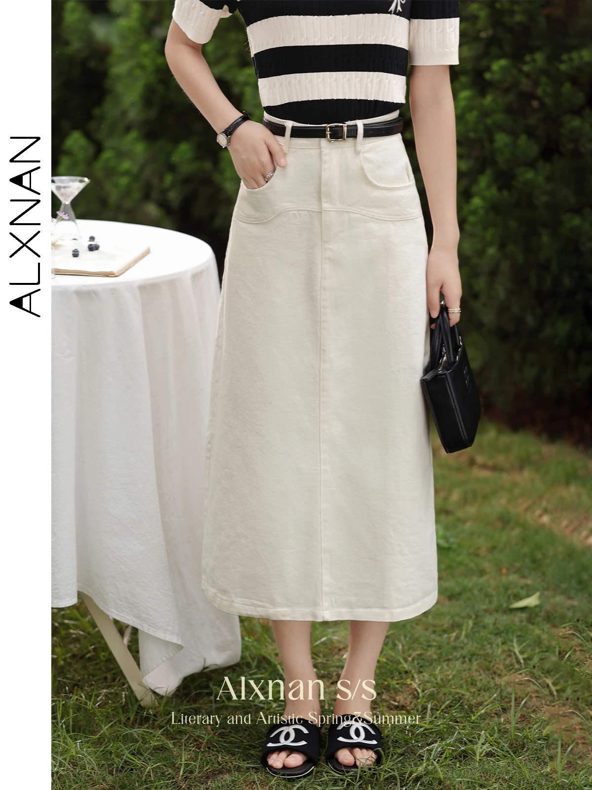 

ALXNAN Denim Skirts for Women 2024 Spring Summer Midi Straight Causal Fashion Solid Pocket Jeans Skirt Female Clothing L36010