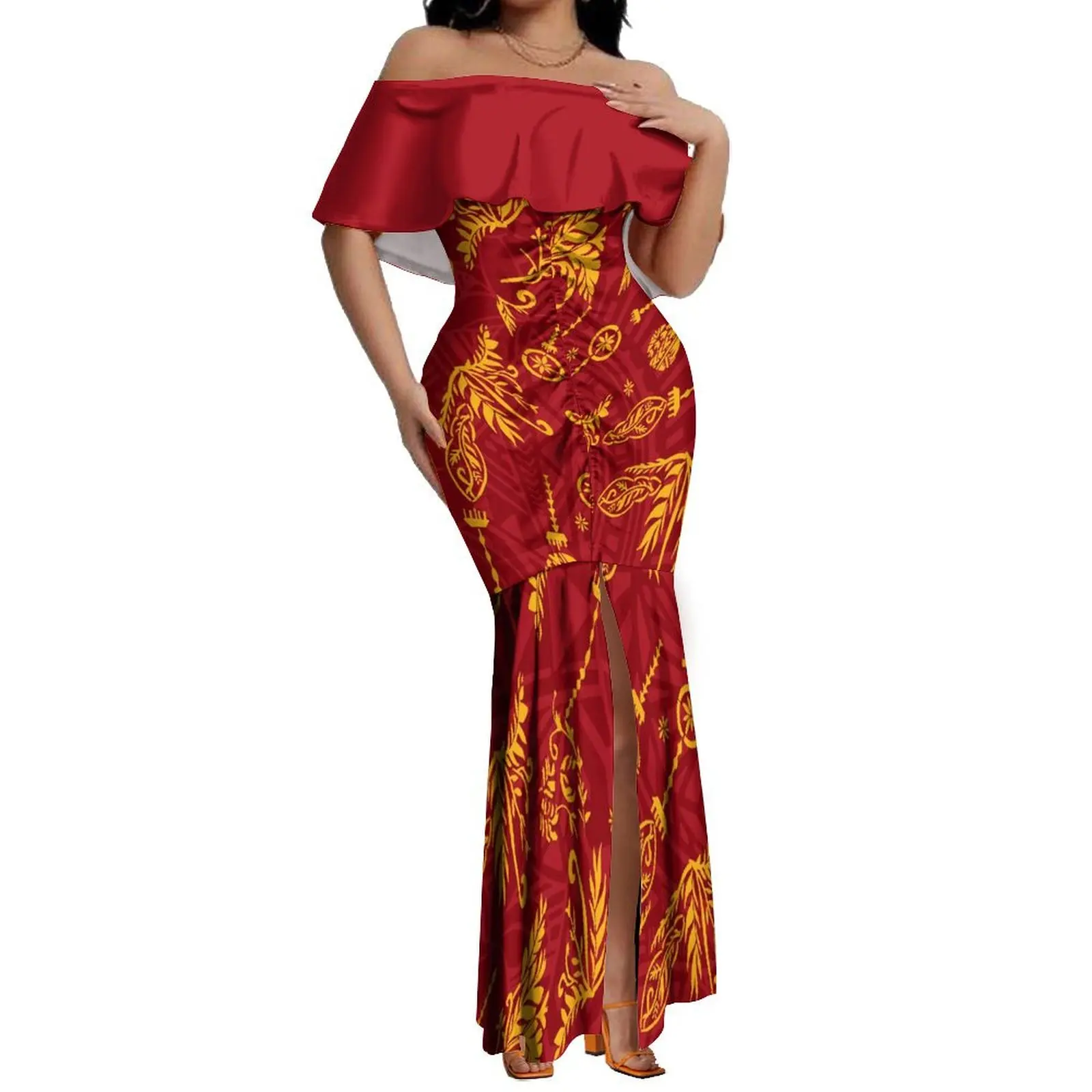 Polynesische Bijpassende Koppel Set Sexy Off-The-Shoulder Fishtail Jurk Voor Vrouwen Feest Fishtail Rok Met Heren Overhemd