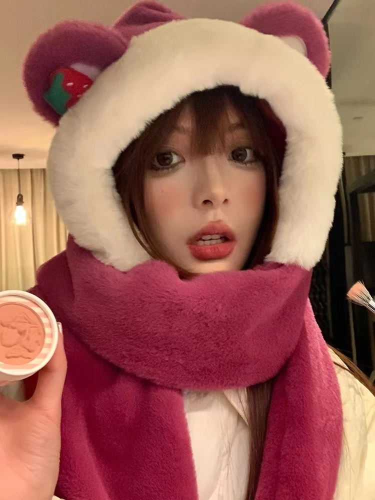 Adorable Bear Hat Scarf Gloves Set Women's Autumn Winter Warm Strawberry Pattern Three-in-One Neck Warmer for Cycling