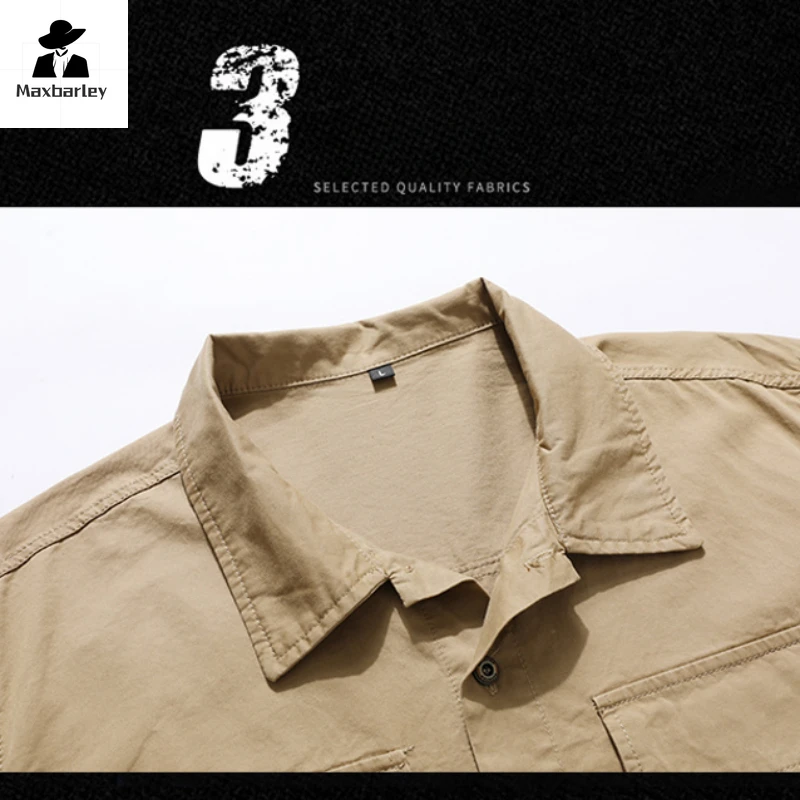 Casual Shirt Men's Spring and Autumn Vintage Embroidered Lap Long Sleeve Work Shirt Top Male Hiking Camping Multi-Pocket Jacket
