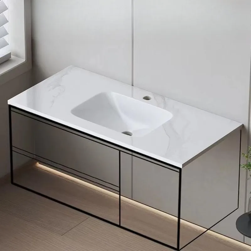 Customized rock slab seamless ceramic integrated bathroom cabinet countertop undercounter basin single wash to