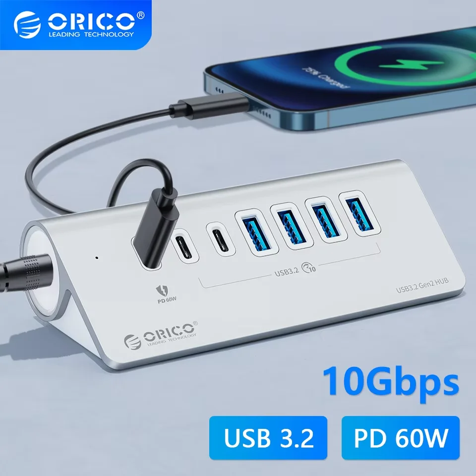 ORICO USB 3.2 HUB 10Gbps Type C Expander PD60W Charging Hub 7-port Splitter for PC laptop with EU Power Adapter Docking Station