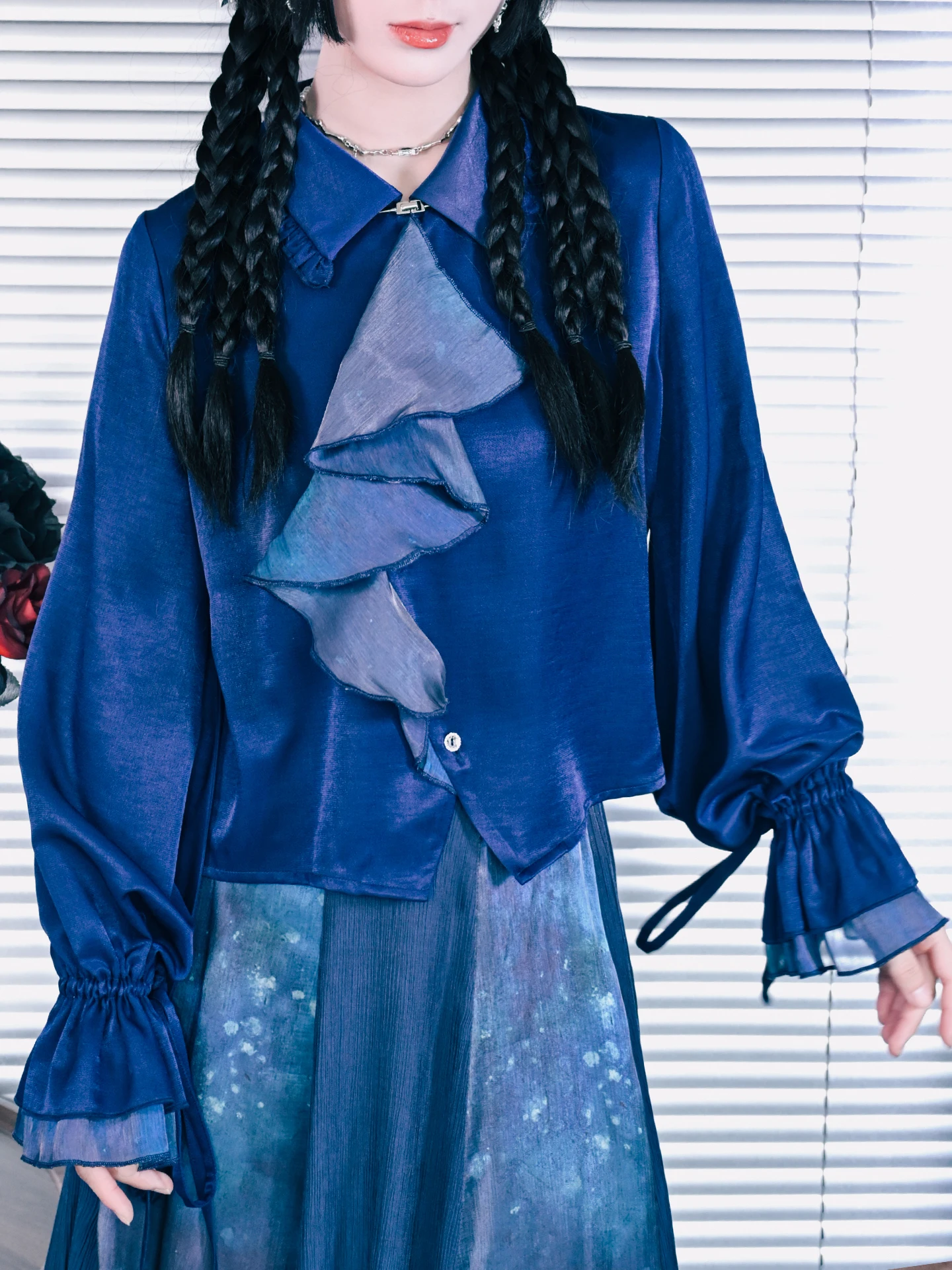 

Blue Lantern Sve irt Patchwork Lace Trim Original Design Long Sve Women's Casual Faion Abstract Print Button up Top