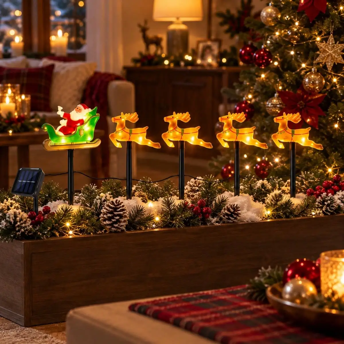 5pcs/set Christmas Solar Stake Lights Santa Sleigh & Reindeer & Sled Outdoor Solar Pathway Light For Garden Yard Festive Decor