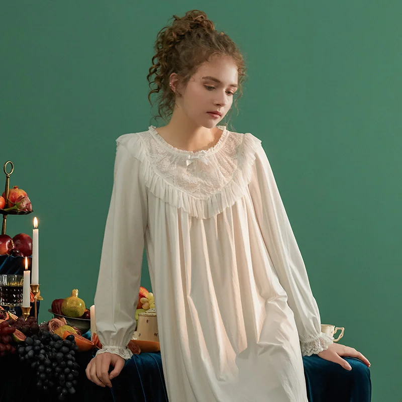 Nightgown Sleepwear Long Dress Cotton Nightgown Women  Long Sleeve Sleep Wear Lady Simple Retro Night Gown
