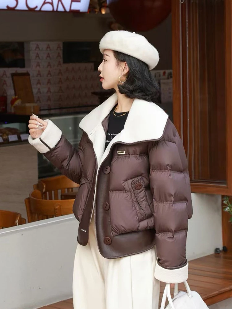 Winter Kurze Große Revers Lamm Wolle Unten Jacke Frauen Weiße Ente Unten Lose Parker Outwears Weibliche Einreiher Stepp Jacken