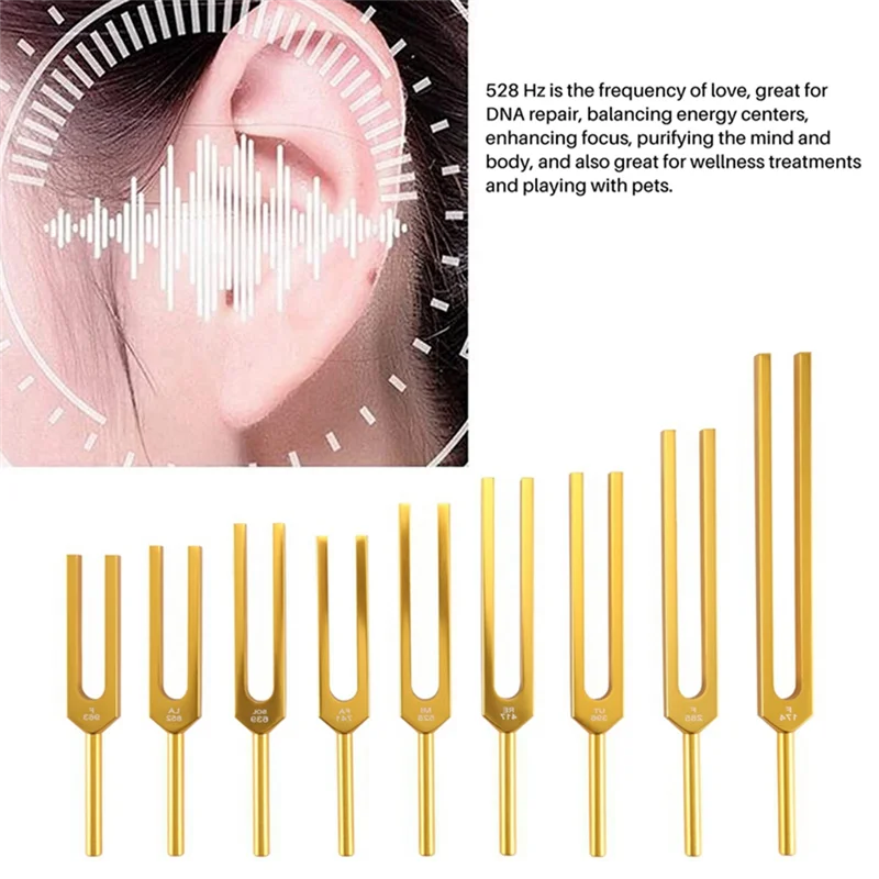 9 Golden Tuning Forks for Healing Chakras, Sound Therapy, Maintaining Perfect Harmony of Body, Mind and Spirit