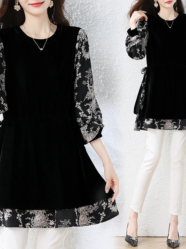 Women's Velvet Shirt Waist-Cinching Patchwork Long Top for plus Size Autumn Fashion Comfortable Breathable Short Sleeve