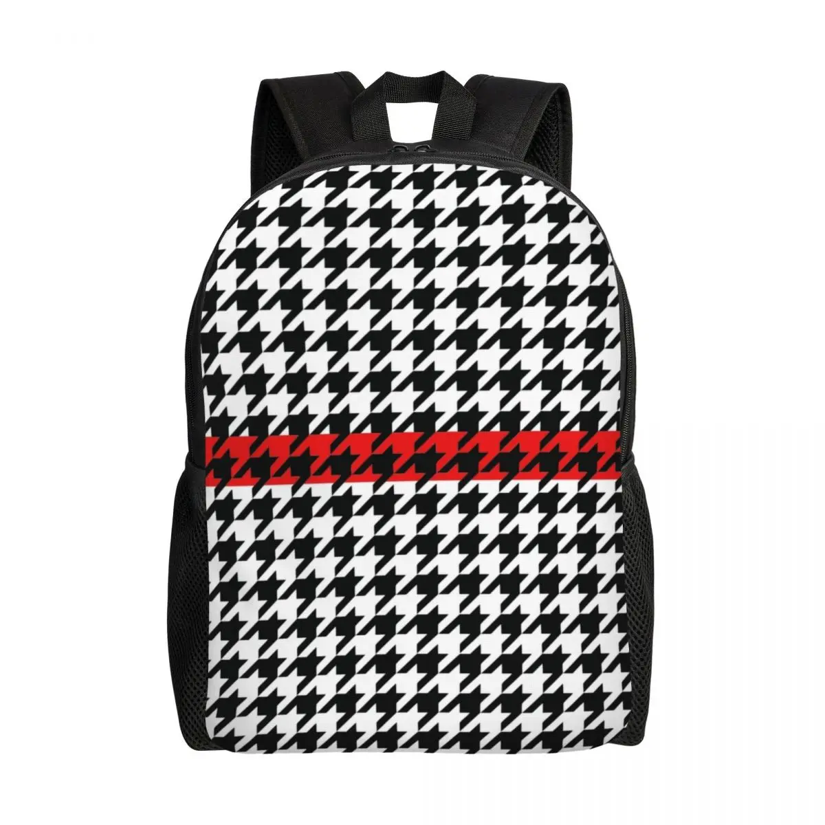 Modern Houndstooth With Red Stripe Laptop Backpack Women Men Basic Bookbag for School College Student Dogstooth Bags