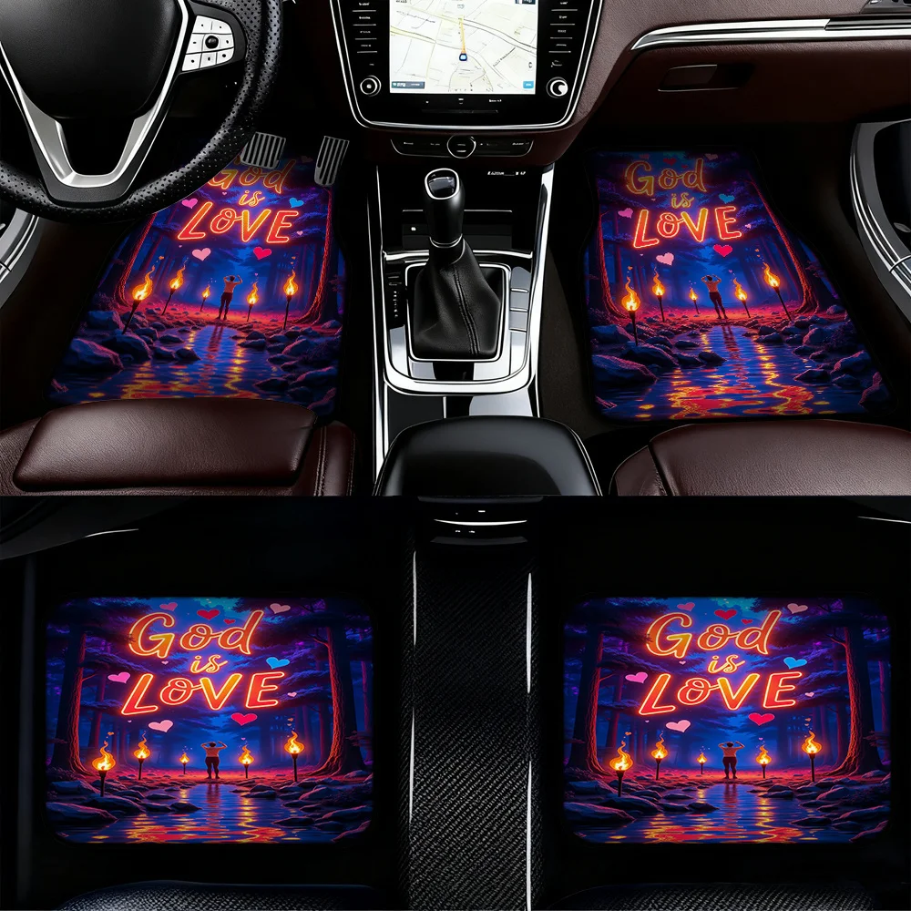 4pcs God Is Love Fantasy Forest Floor Mats - Durable Polyester, Fit For SUVs, Camping, And Off-Road Vehicles, Vibrant & Orange D