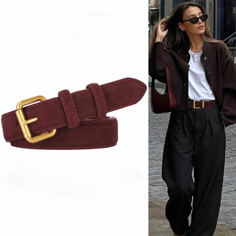 

Ancora Red Womens Belt Suede Cowhide Genuine Leather Belt 2.8cm Wide Fashion Belts with Metal Buckle Matched for Dresses