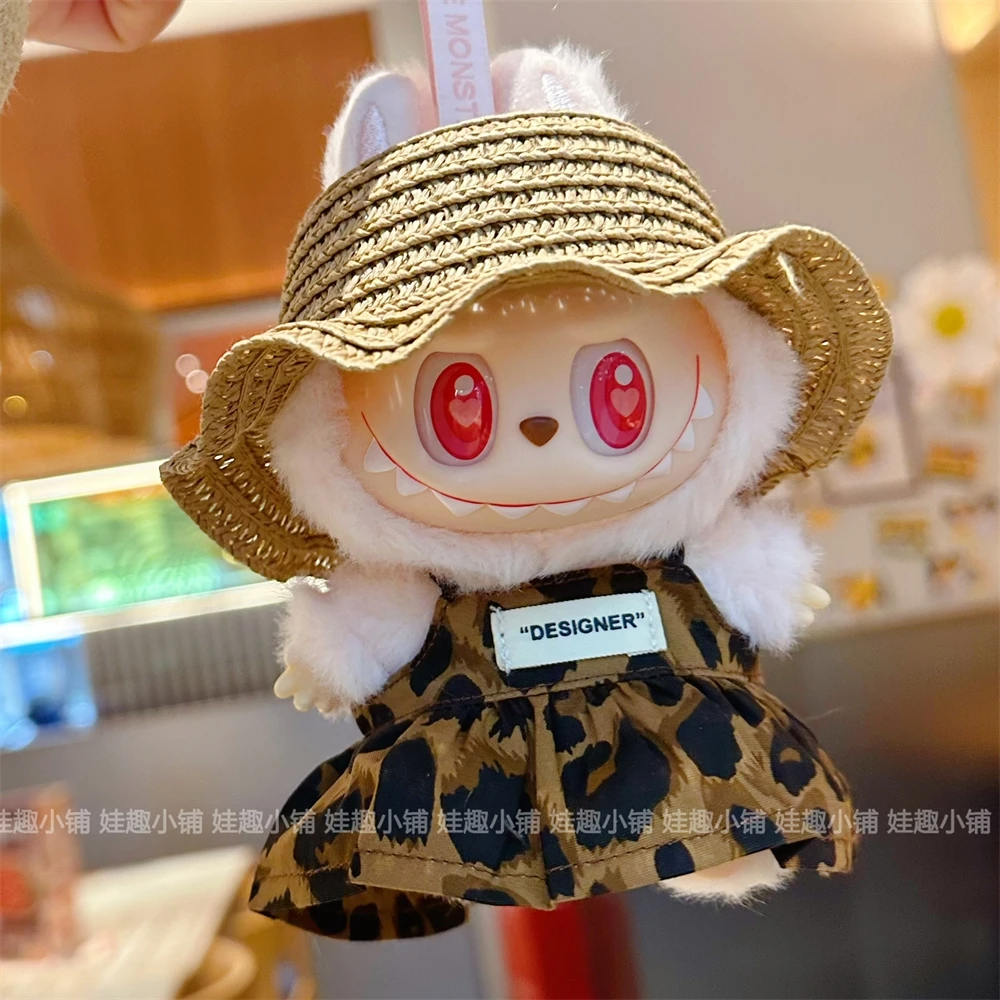 Eerste tweede en derde generatie 17 cm Labubu blinde doos hanger beeldje voor het verwisselen van kleding luipaardprint jurk alleen kleding