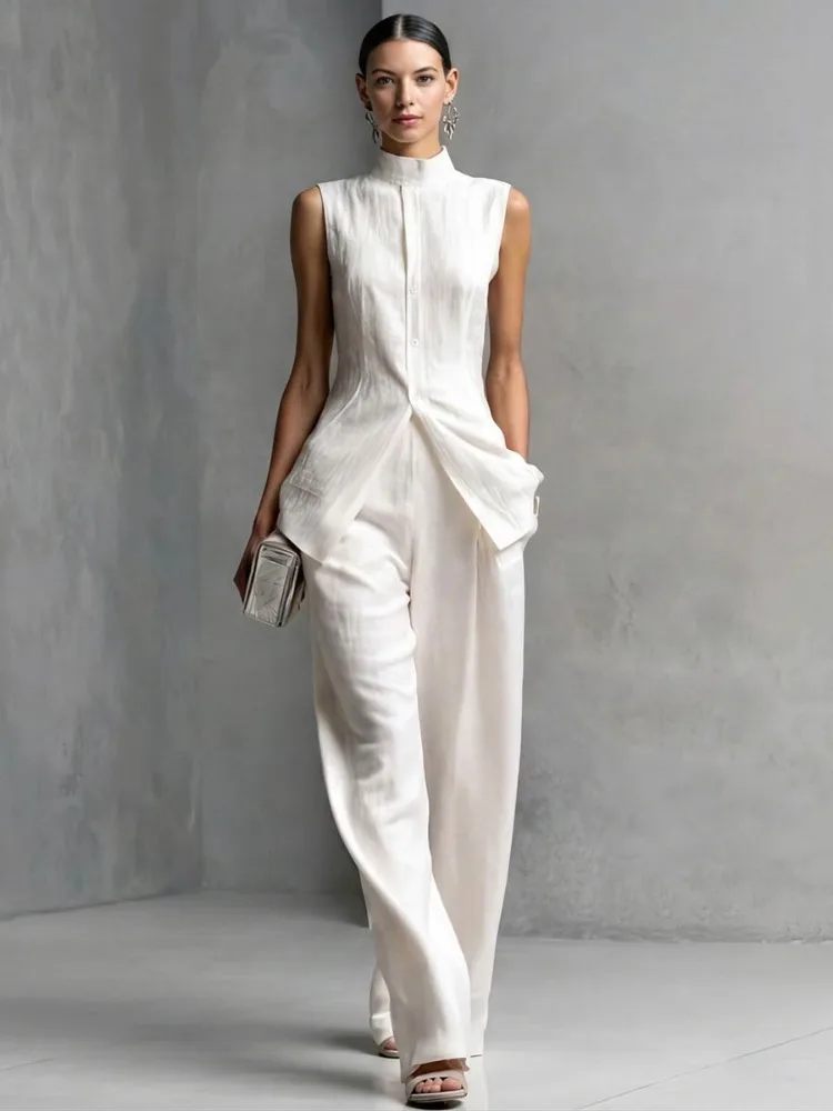 

UOOZEE Office Wear Women Linen Blend White 2 Piece Set Sleeveless Stand Collar Tops & High Waisted Wide Leg Loose Pants Suits