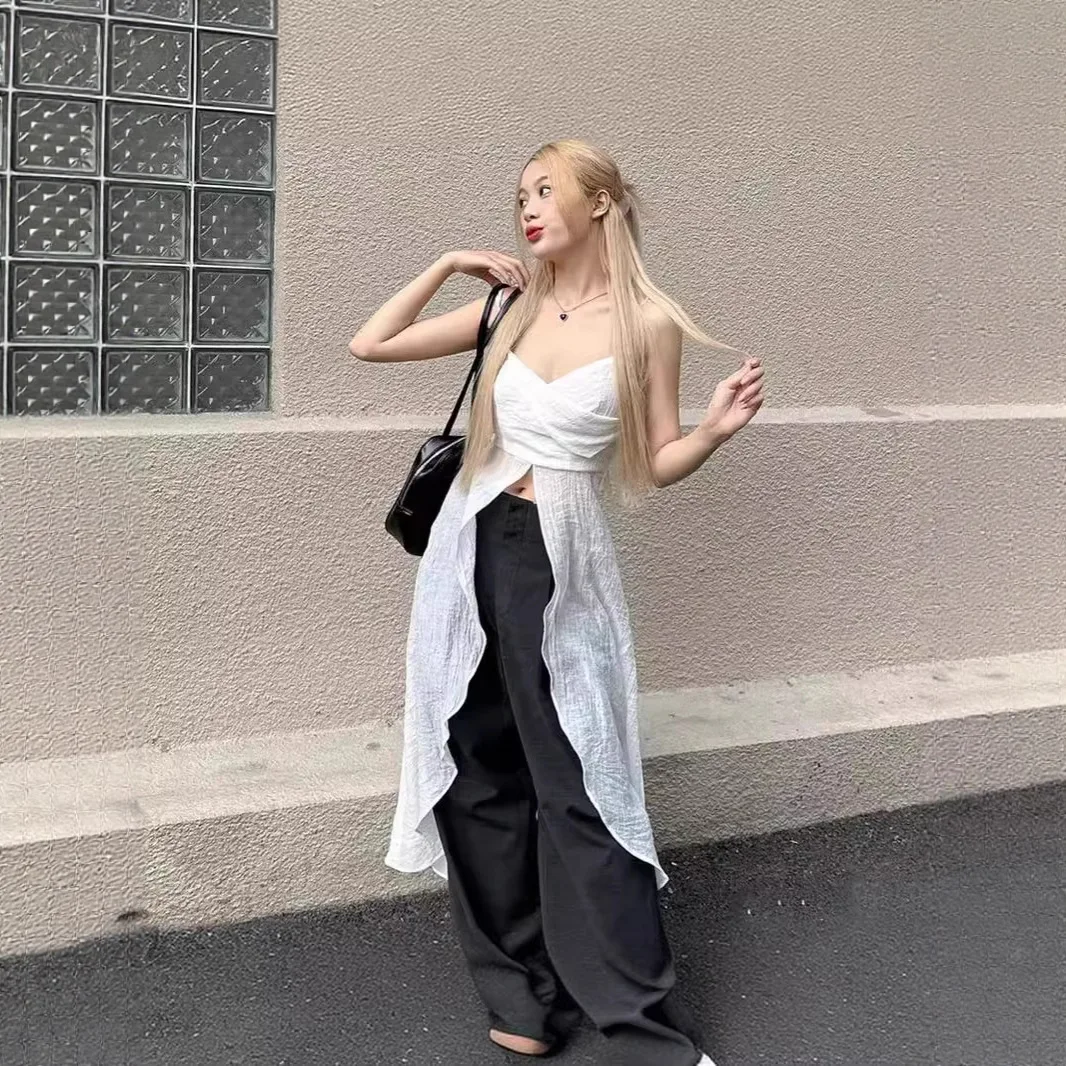 2026 Summer Women's Beach Vacation Textured Fabric Crisscross V Neck Sleeveless Cami Tops, Sexy Personality Strap Camisole