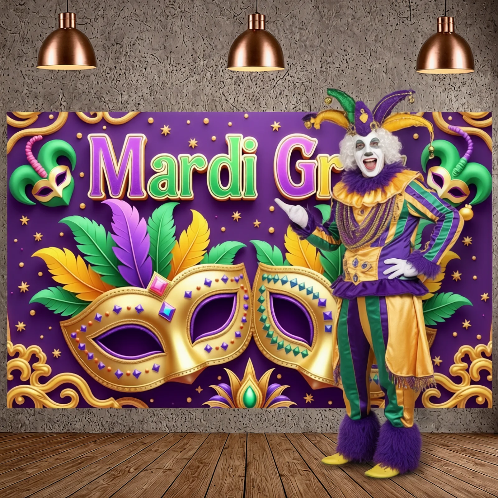 ريش ماردي غرا راية أقنعة ذهبية كرنفال عرض ستار زينة خلفية أرجوانية خلفية مهرجان لحفلة الكرنفال #5