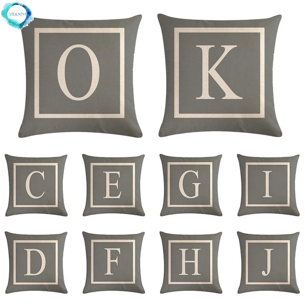 

26 Letters English Alphabet Decorative Pillow Cover Texture Gray Cotton Linen Cushion Cover Chair Home Decor Pillowcase 45x45cm