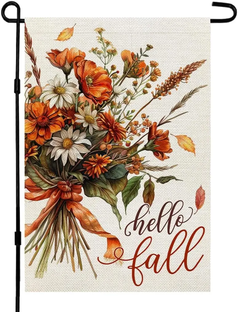 

Цветочный Садовый флаг Hello Fall, 12x18 дюймов, двухсторонний маленький осенний праздничный флаг из джутовой ткани с цветами для внешнего двора