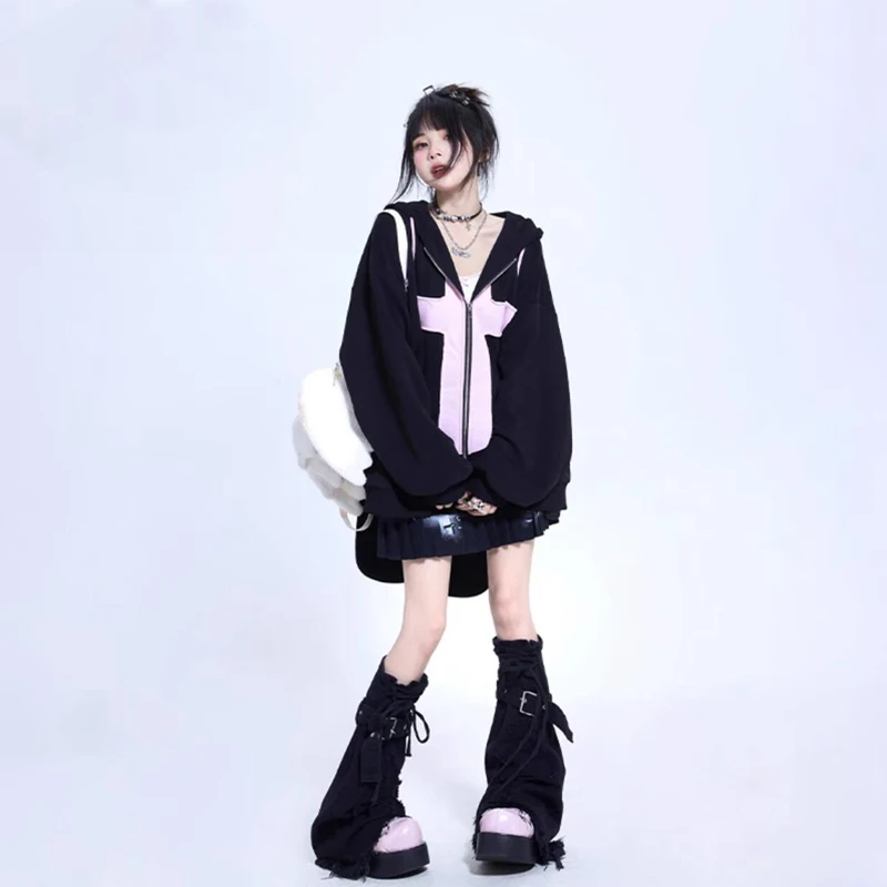 90s Loose Harajuku Y2k Long Rabbit Ears Hoodies Women Gothic Punk Sweatshirts Casual Oversize Black Hooded Coats Chic Streetwear