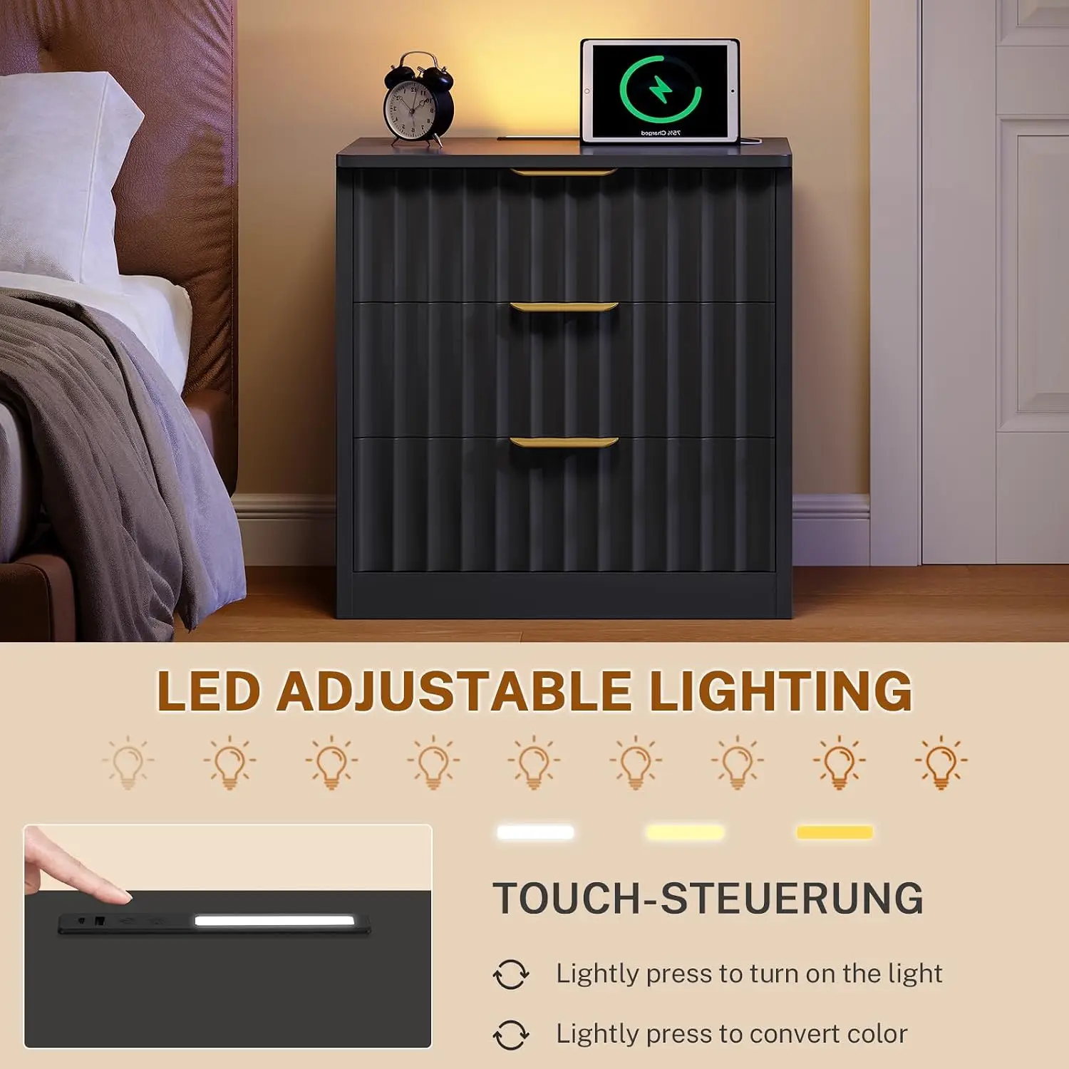 Fluted Nightstands Set of 2, Night Stand with Charging Station and LED Light, Nightstand with 3 Storage Drawers, Bedside Table
