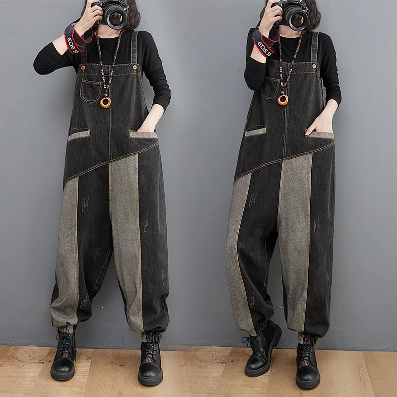 Retro Kolorowe Ogrodniczki Jeansowe Damskie Jesienno-Zimowe Luźne Wyszczuplające Kombinezony z Szerokimi Nogawkami Modne Spodnie z Wysokim Stanem Długie Spodnie