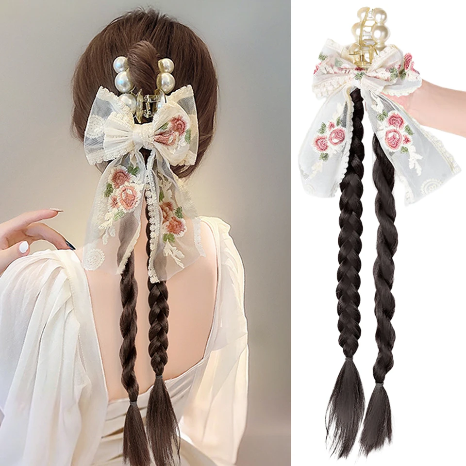 

EAST Long Hair Ponytail New Chinese Style Hair knitting Han Suit Ancient Style Contract Fried Dough Twists Long Braid Clip Low