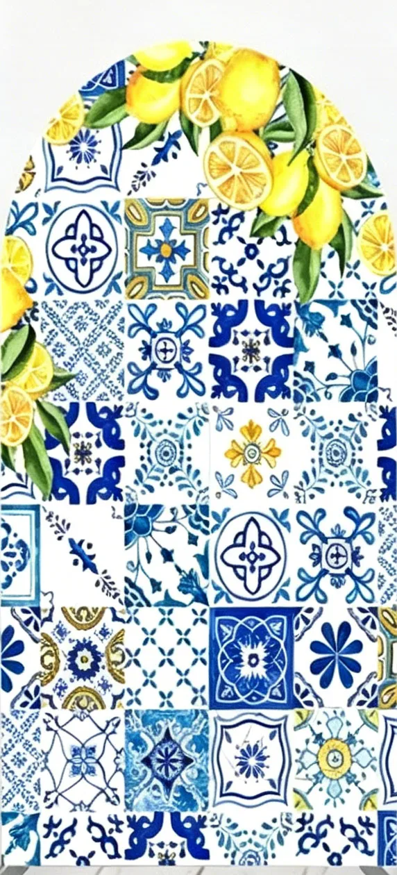 Custom 2-Side Lemons Mediterranean Baby Shower Arch Backdrop Cover Blue Tiles Custom Name Birthday Party Decor Backdrop Photo